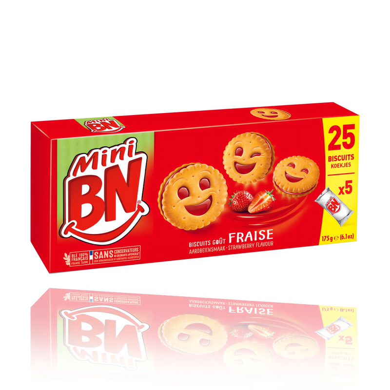 BN Mini Strawberry Filling Cookies 175 g box featuring 25 smiley face ...
