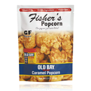 Fisher's Old Bay Seasoned Caramel Popcorn 2 oz pouch featuring gluten-free, handmade snack with sweet and savory flavor blend.