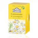 Ahmad Tea Herbal Camomile & Lemongrass 20 Tea Bags box with floral design, ideal for relaxing herbal tea lovers. Product of UK in yellow packaging.