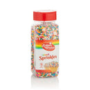 Baker’s Choice Rainbow Sprinkles Topping 10 oz in a clear plastic jar with red lid, ideal for decorating cakes and cupcakes with vibrant colors.