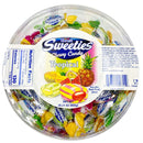 Top view of Bonart Sweeties Damla Tropical Fruit Chewy Candy 800 g tub with label showing tropical fruits and nutrition facts.