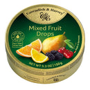 Cavendish & Harvey Mixed Fruit Drops 150g tin featuring assorted fruit flavors like orange, pear, and berries. Gluten-free German hard candy.
