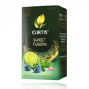 Curtis Sweet Fusion Green Tea 25 Tea Bags box featuring vibrant imagery of green tea leaves, blue raspberry, Thai lime, and mint blend.