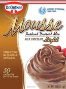 Dr. Oetker Mousse Milk Chocolate Light 37.5g dessert mix with 50 calories per serving, shown in a swirl-topped glass with raspberries.