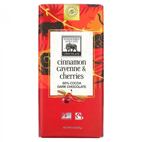 Endangered Species Dark Chocolate Bar with Cinnamon Cayenne and Cherries 85 g