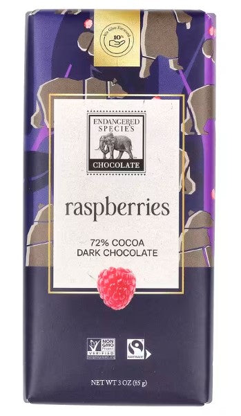 Endangered Species Dark Chocolate Bar with Raspberries 72% cocoa 85 g