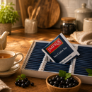 A box of IMPRA blackcurrant tea bags arranged on a wooden table beside a teapot, cup of tea, and a bowl of fresh blackcurrants, with a blurred kitchen background.