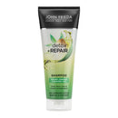 John Frieda Repair & Detox Shampoo 250 ml for dry, stressed, and damaged hair with cannabis sativa seed oil and avocado for revitalization.