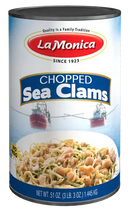 LaMonica Chopped Sea Clams 51 oz canned seafood with image of clams over pasta, ideal for chowders and pasta dishes. Product of USA, Non-GMO.