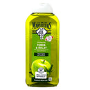 Le Petit Marseillais Apple & Olive Tree Leaves Shampoo 300 ml bottle with green liquid, designed for all hair types and made with organic ingredients.