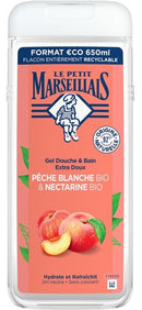 Le Petit Marseillais Organic Peach & Nectarine Bio 650 ml shower gel in recyclable bottle with fruity design, ideal for gentle cleansing and hydration.