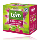 Loyd Green Tea with Raspberry Flavour 20 Tea Pyramids box featuring vibrant raspberry and green tea leaf graphics. Ideal for refreshing or warming drinks.