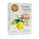 Onno Behrends Ginger-Lemon Tea 50 tea bags 3.1 oz box featuring ginger root and lemon illustration, caffeine-free herbal tea from Germany.