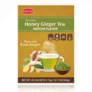 Pocas Honey Ginger Tea with Matcha 20 Tea Bags box featuring real ginger root, green tea cup, and matcha powder for a natural, gluten-free beverage.