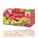 Teekanne Fruit Tea Fruit Love 20 Tea Bags box featuring vibrant fruit illustrations including apple, orange, and passion fruit. Premium fruit tea blend from Germany.