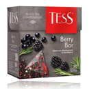 Tess Black Tea Berry Bar 20 Tea Pyramids box featuring black tea with blackberry and blackcurrant in pyramid bags, ideal for summer refreshment.