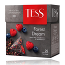 Tess Black Tea Forest Dream 20 Tea Pyramids box featuring vibrant raspberries and blueberries with pyramid tea bag display. Premium black tea blend.