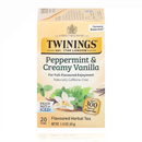Twinings Herbal Tea Peppermint & Creamy Vanilla 20 Tea Bags box with floral design, highlighting caffeine-free and hot or iced enjoyment options.