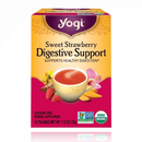 Yogi Strawberry Digestive Support Herbal Tea 16 Tea Bags with organic ingredients, featuring strawberry, mango, and hibiscus blend. USDA Organic and Non-GMO certified.