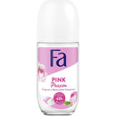 Fa Pink Passion Roll-On Deodorant 50ml for women with rose fragrance and 48h protection. German-made personal care product in sleek white bottle.